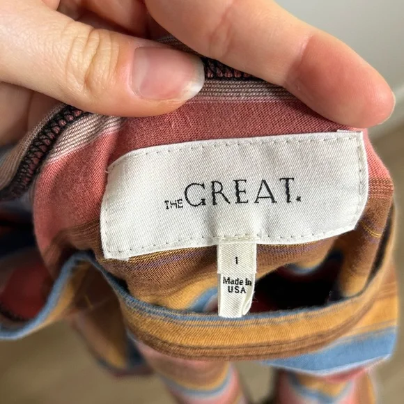 THE GREAT. Short Sleeve Striped Tee in Rust, Pink, Blue, Olive - Picture 10 of 11